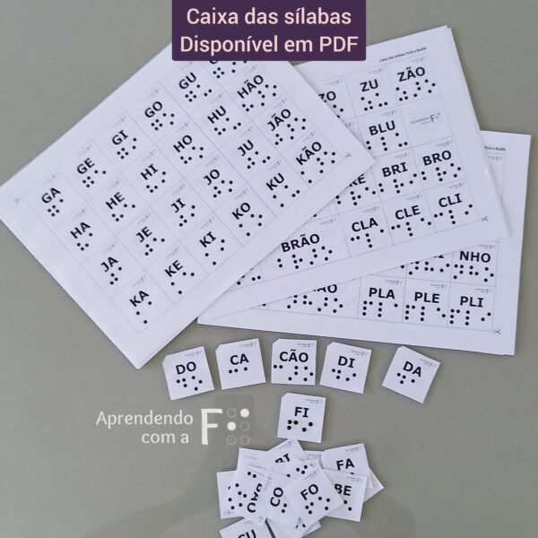 Foto de páginas do arquivo "Caixa das sílabas Tinta e Braille". Abaixo, as cartelas das sílabas já recortadas. Todas as sílabas escritas em tinta e Braille(representado por pontos na cor preta).